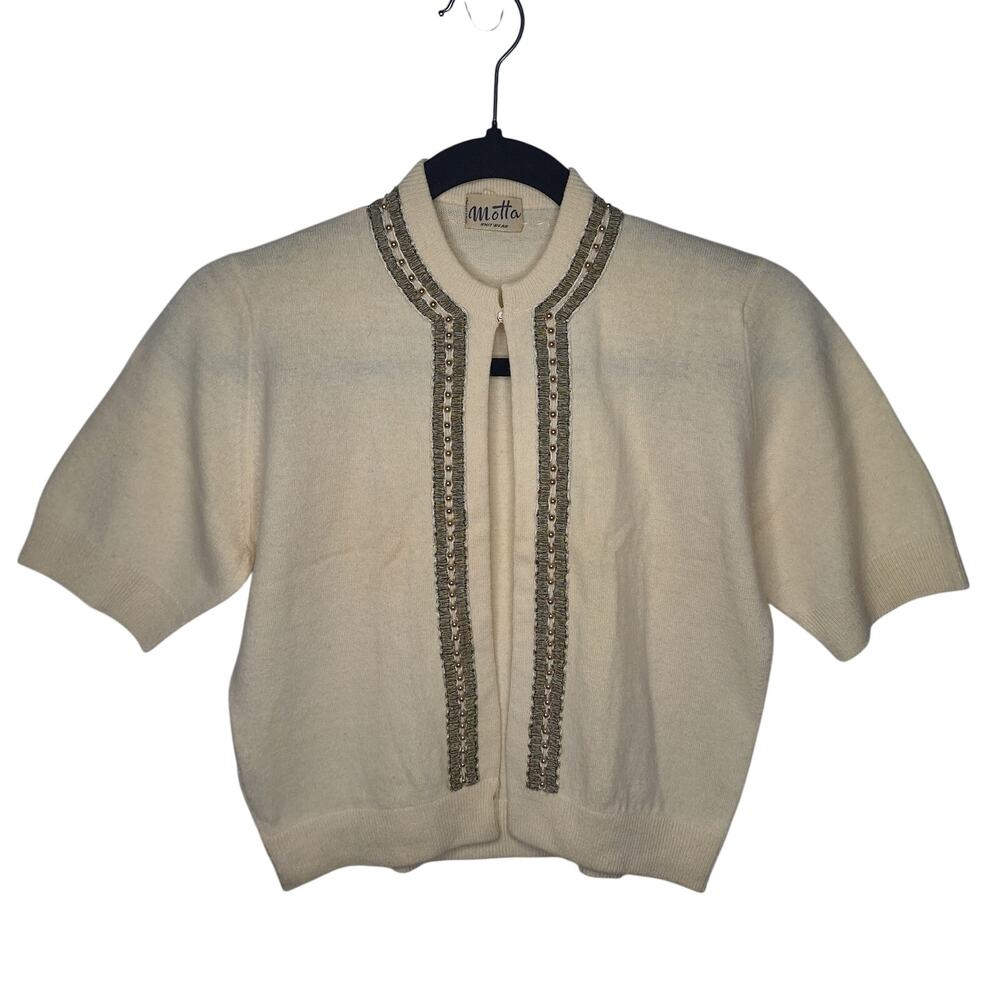 Vintage 50s Motta Cardigan Short Sleeve Angora Wool Beaded Shrug Italy 38 Small